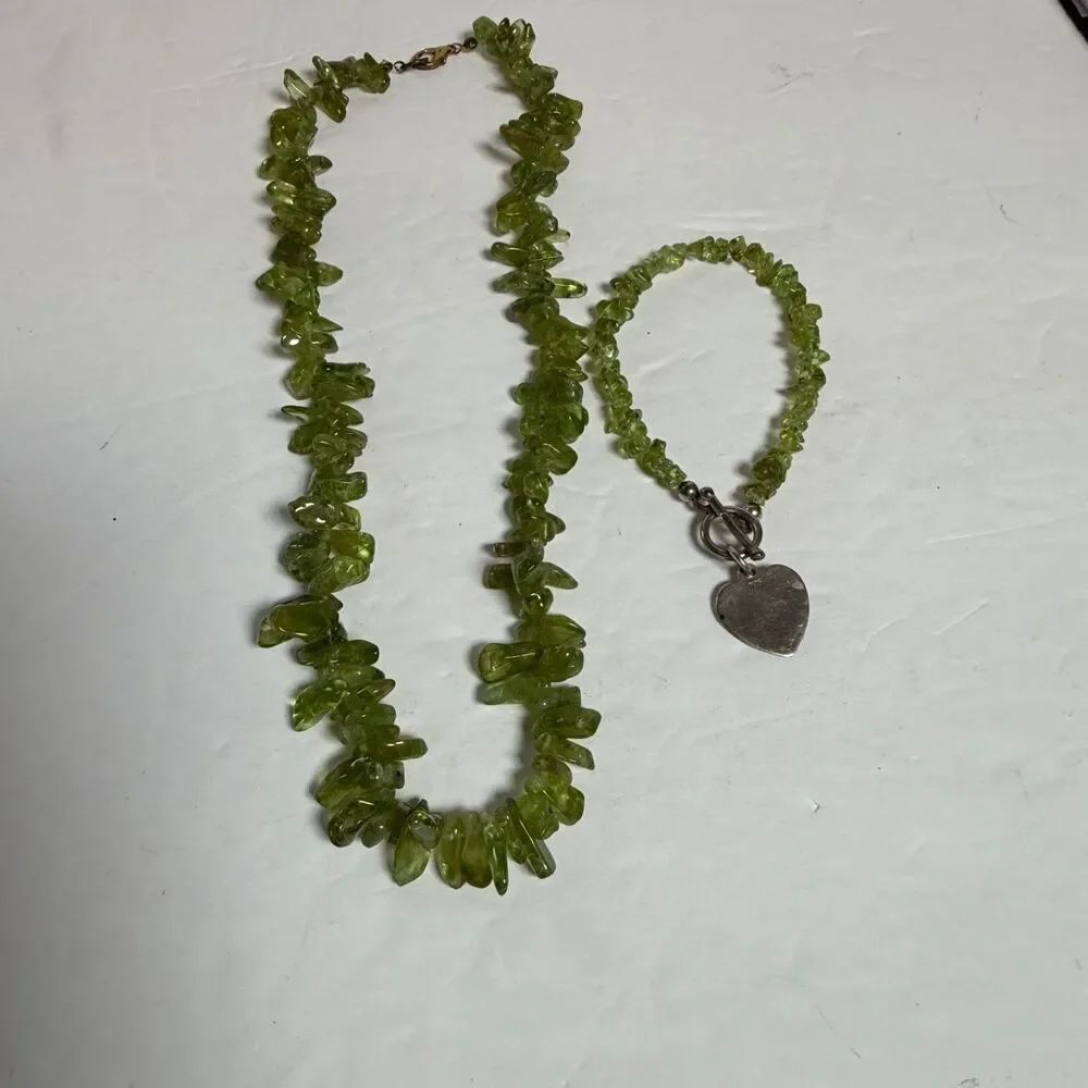 Natural Peridot Chip Necklace & Matching Bracelet Set Sterling 925 Heart Charm